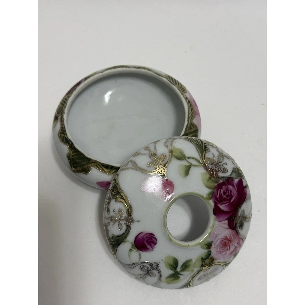 Antique Hand Painted Nippon Hair Receiver Pink Roses Gold Gilt 3 Footed Japan